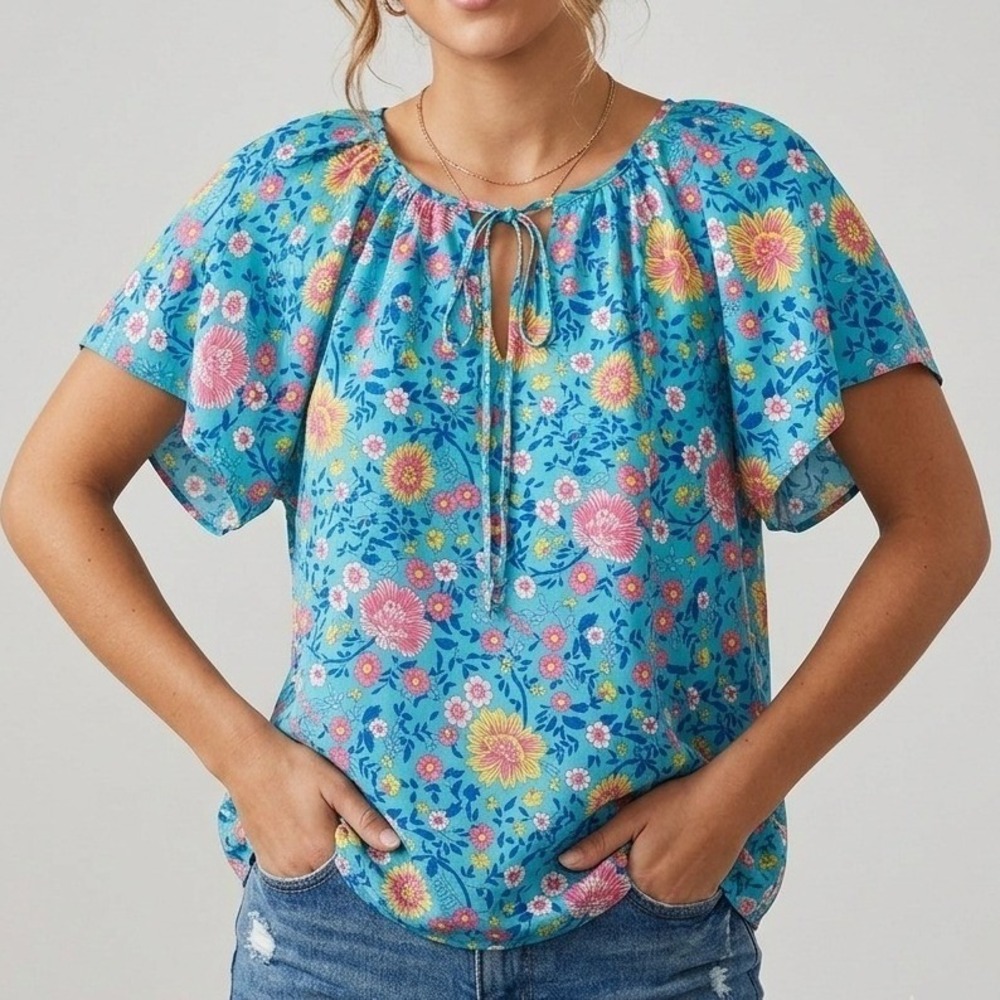 Floral Angel‎ Sleeve Peasant Blouse Blue Pink Yellow Boho Top Medium NEW